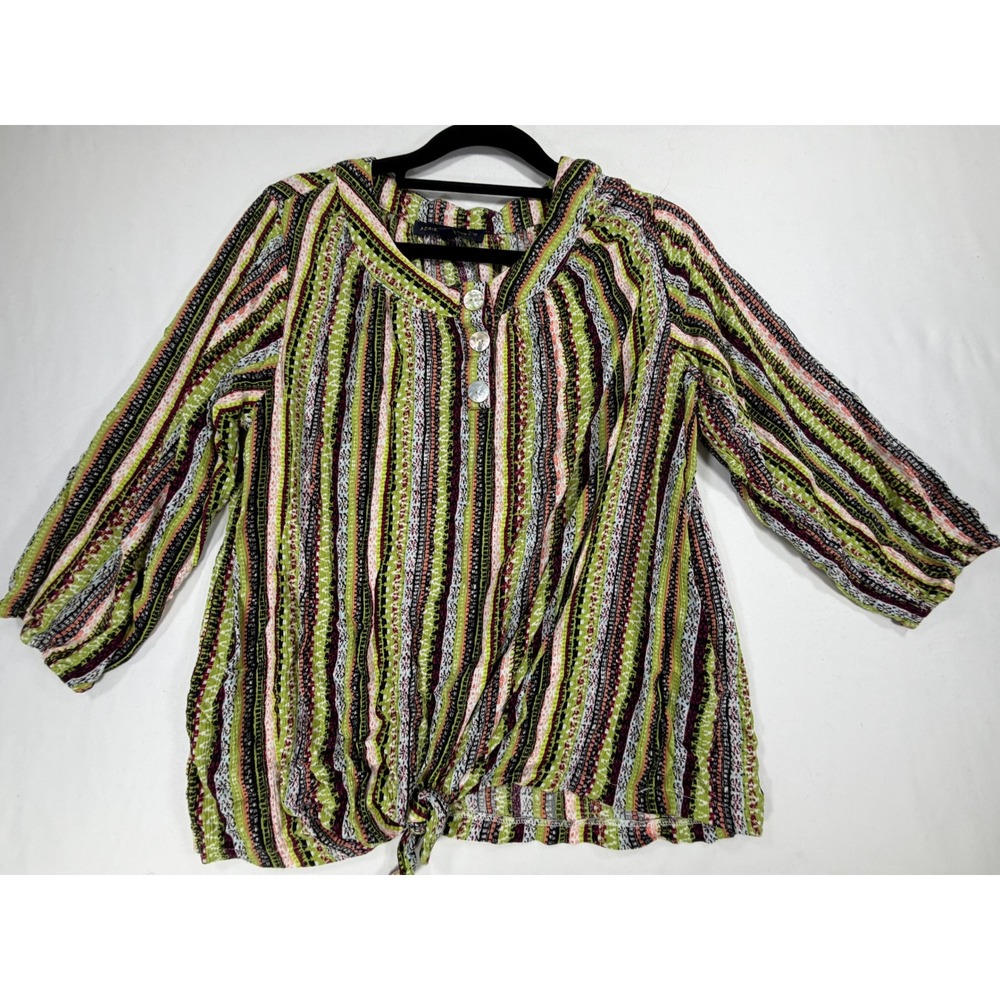 Adrienne Vittadini Blouse Womens L Multi Color Excellent Tie Front Stripe Henley